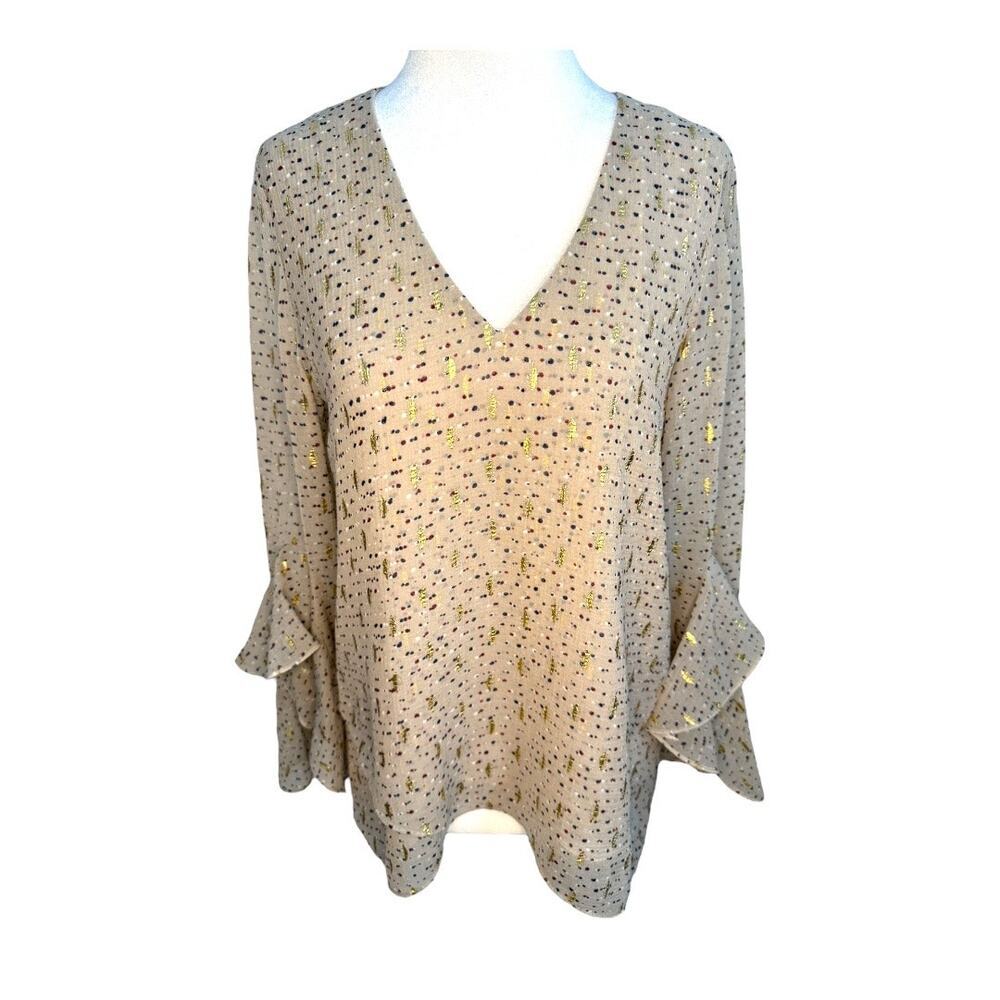 Vince Camuto Women’s‎ XS Cafe Metallic Gold Puff Sleeve V-Neck Blouse